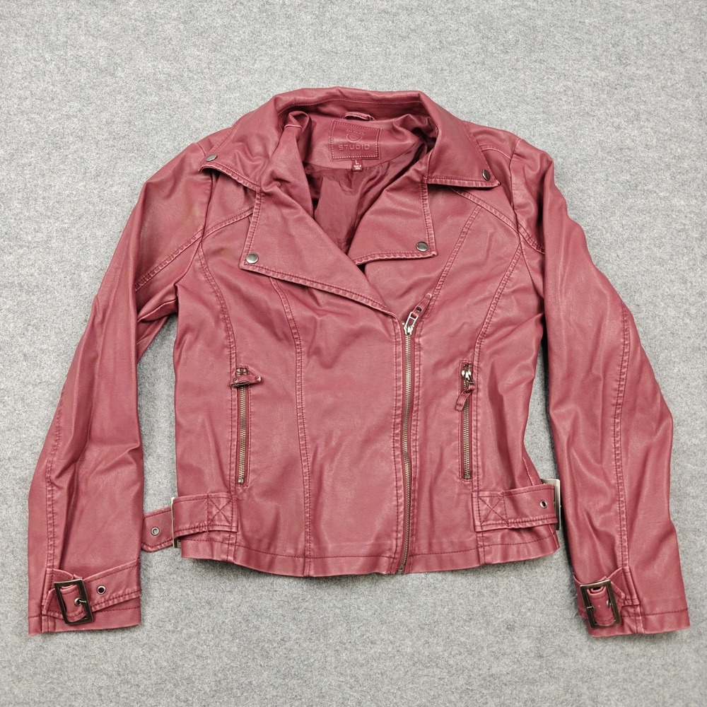 Max Studio Jacket Womens Large Pink Faux Leather Moto Biker Zip Buckle Short